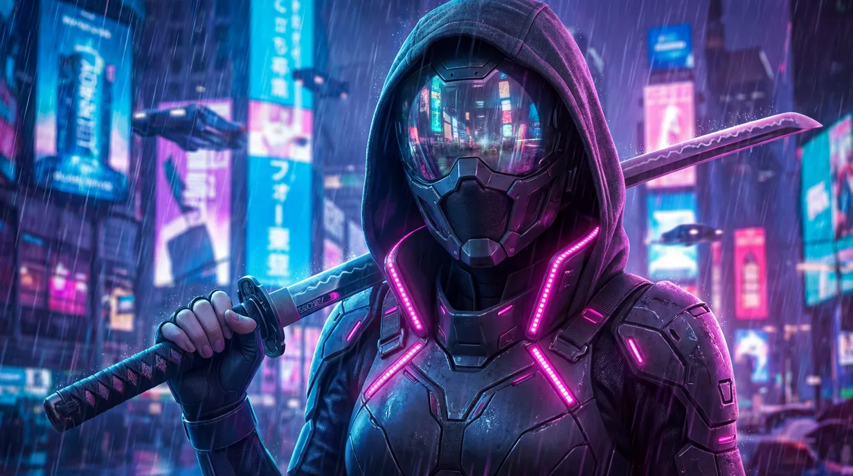 AI-generated cyberpunk ninja artwork showcasing PinkNinjasART capabilities